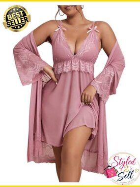 Plus Size 2 Piece Lace Robe Pajama Set Silk Camisole Nightgown Sleepwear